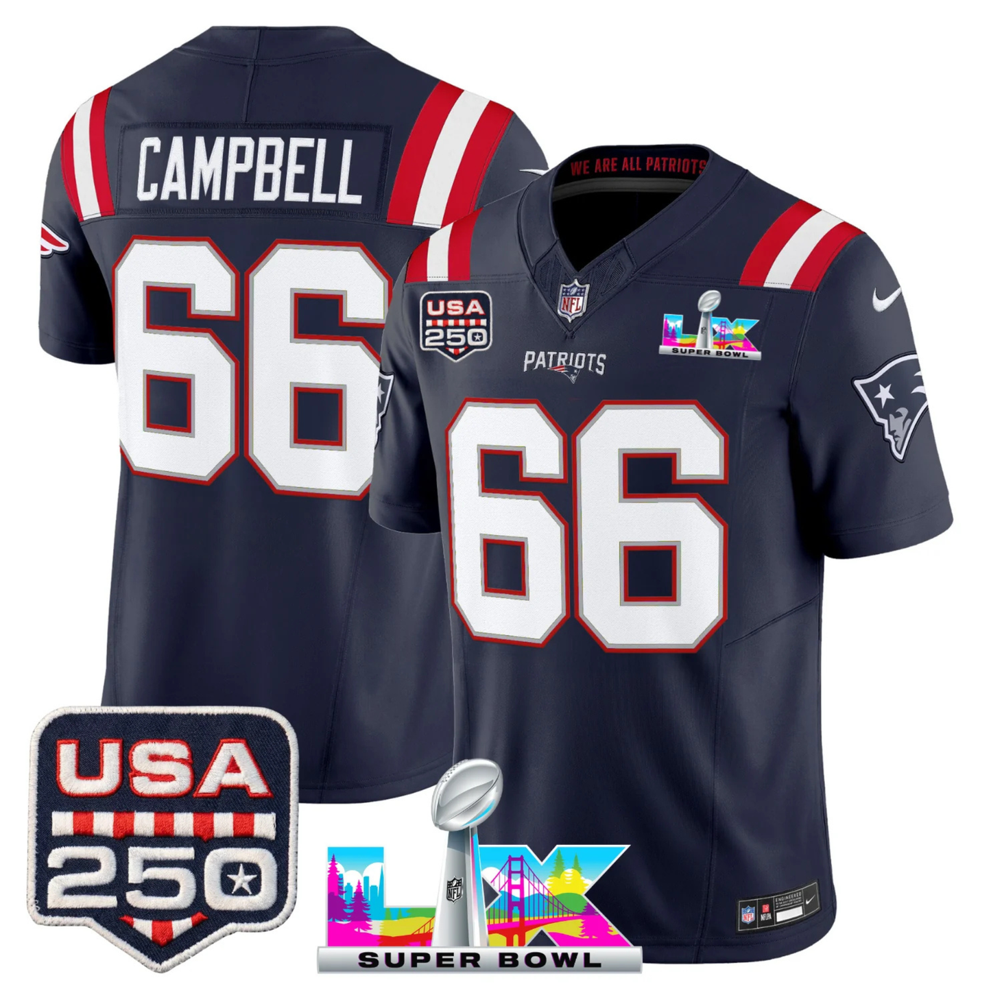 NE S.Bowl LX & US 250th Anniversary Patch Vapor Limited Jersey - All Stitched