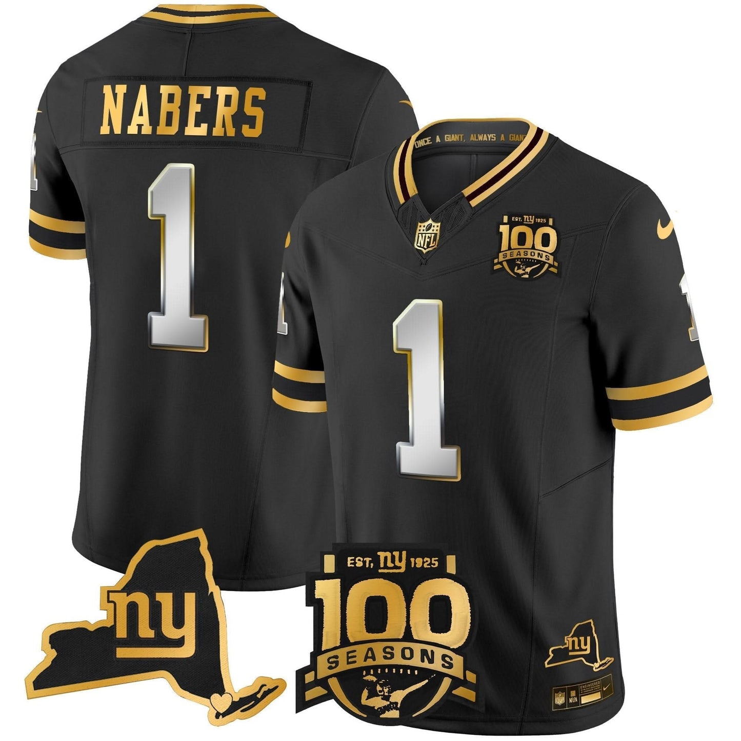 New York Giants 100th Season & State Patch Gold Vapor Limited Jersey - All Stitched