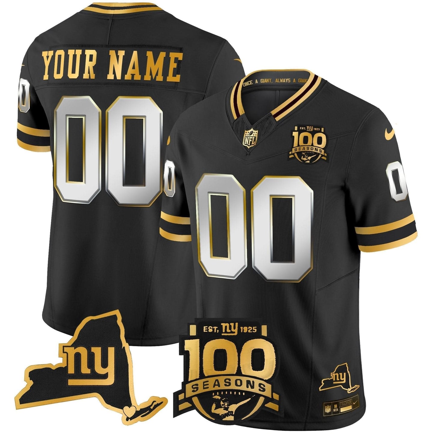 New York Giants 100th Season & State Patch Gold Vapor Limited Custom Jersey - All Stitched