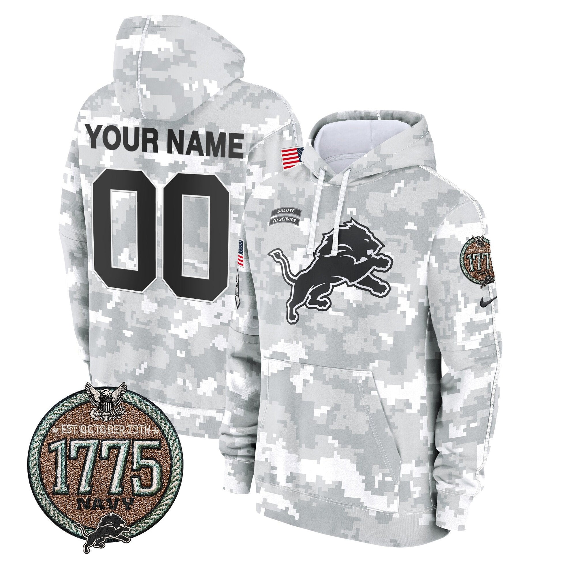 Detroit Lions 2024 Salute to Service Establishment Year Patch Custom Fleece Pullover Hoodie