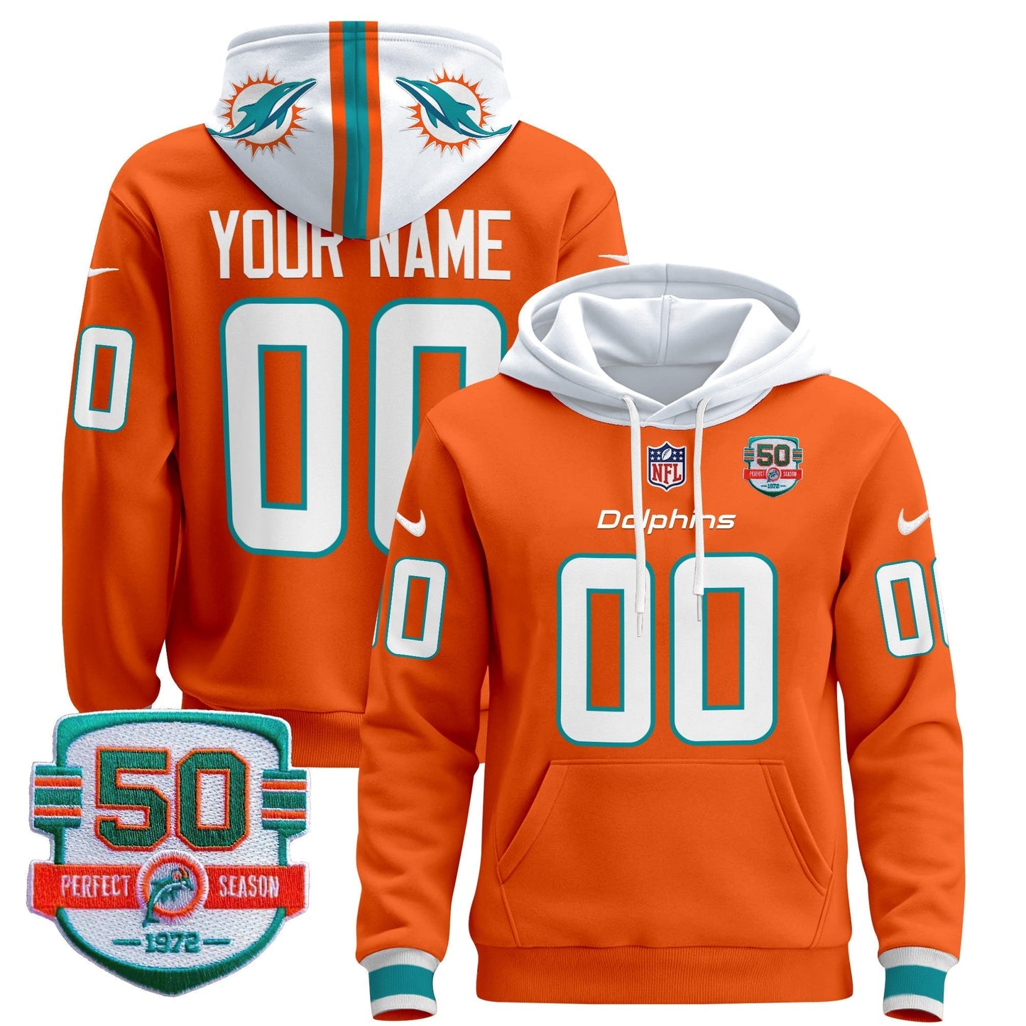 Dolphins 50th 1972 Perfect Season Patch Custom Pullover Hoodie