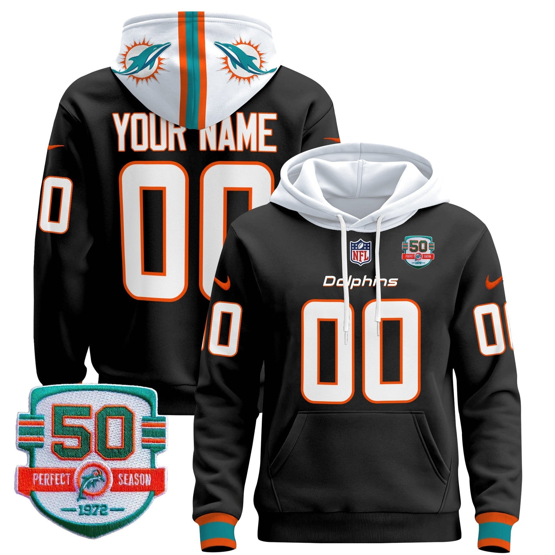 Dolphins 50th 1972 Perfect Season Patch Custom Pullover Hoodie