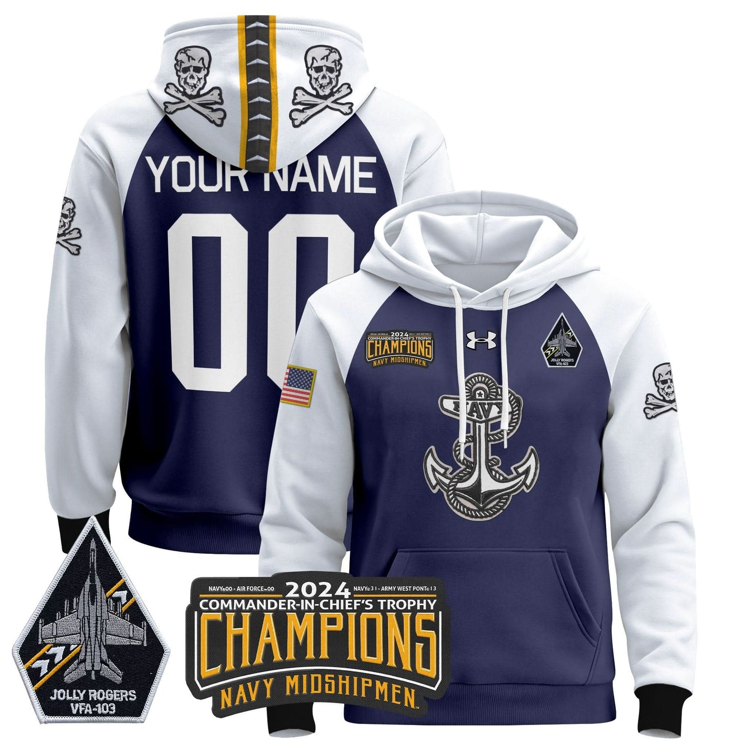 Navy Midshipmen 2024 Commander-In-Chief's Trophy Champions Patch Custom Pullover Hoodie - Stitched