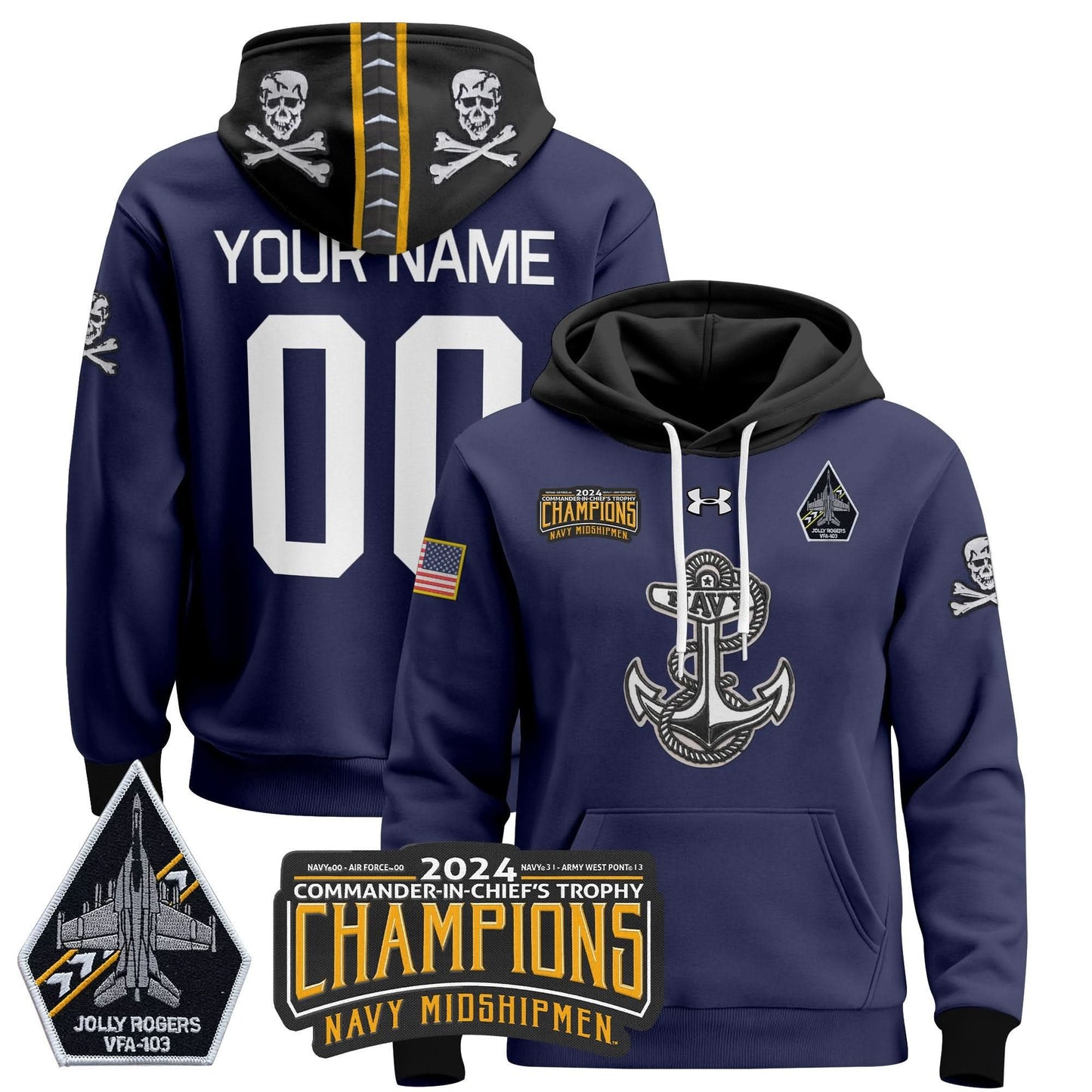 Navy Midshipmen 2024 Commander-In-Chief's Trophy Champions Patch Custom Pullover Hoodie - Stitched