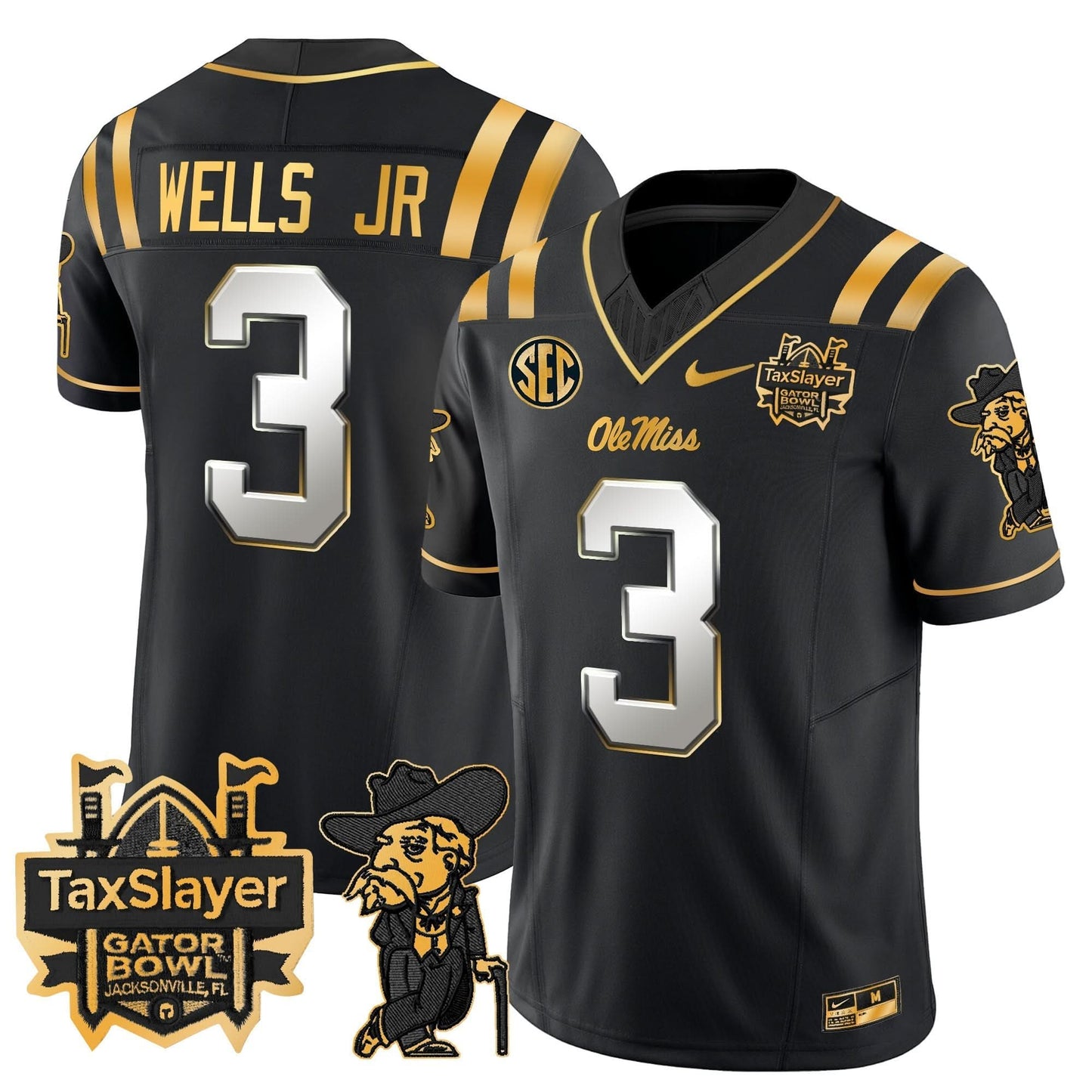 Ole Miss Rebels 2024 Gator Bowl Patch Gold Vapor Limited Jersey - All Stitched