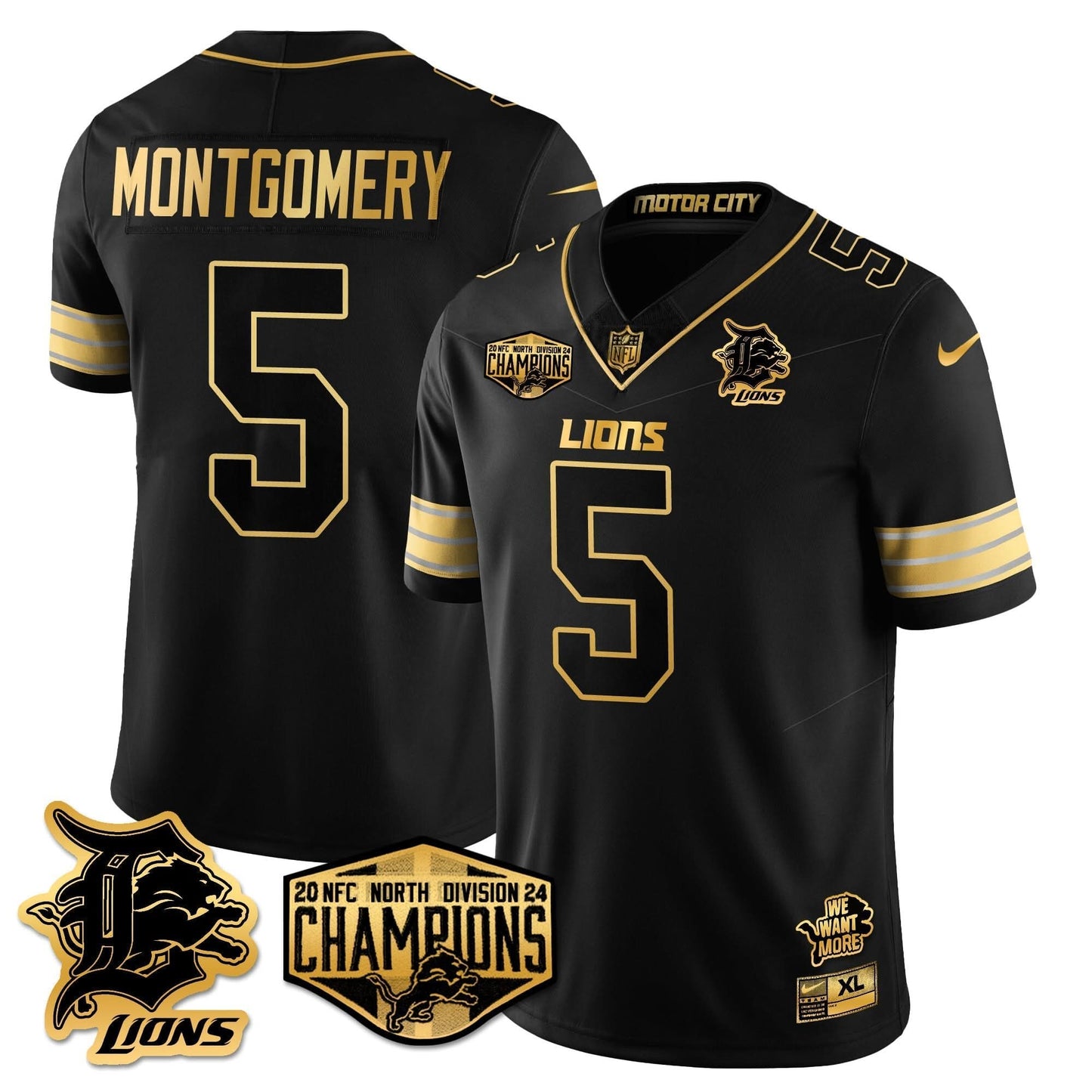 Detroit Lions 2024 NFC North Champions Gold Jersey - All Stitched