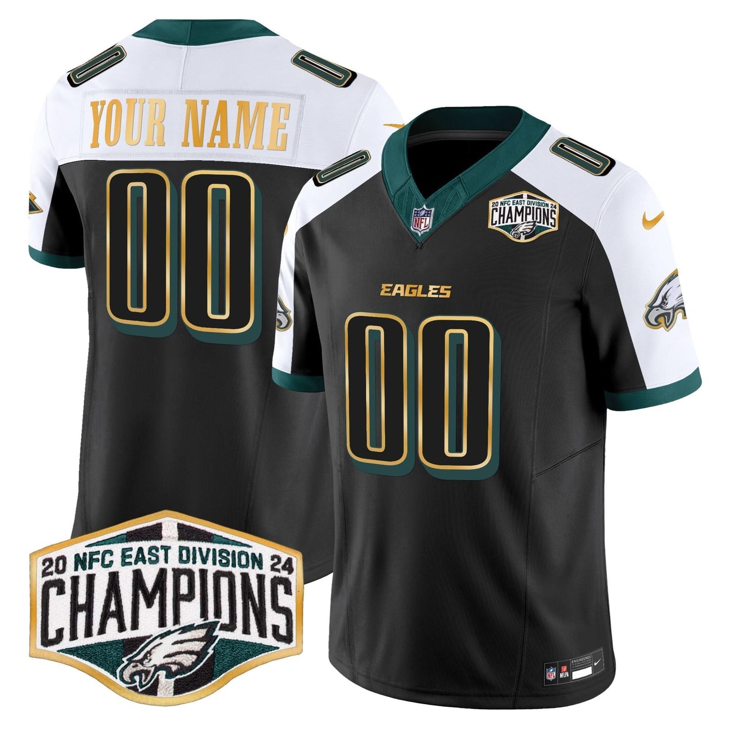 Eagles 2024 NFC East Division Champions Gold Trim Vapor Limited Custom Jersey - All Stitched