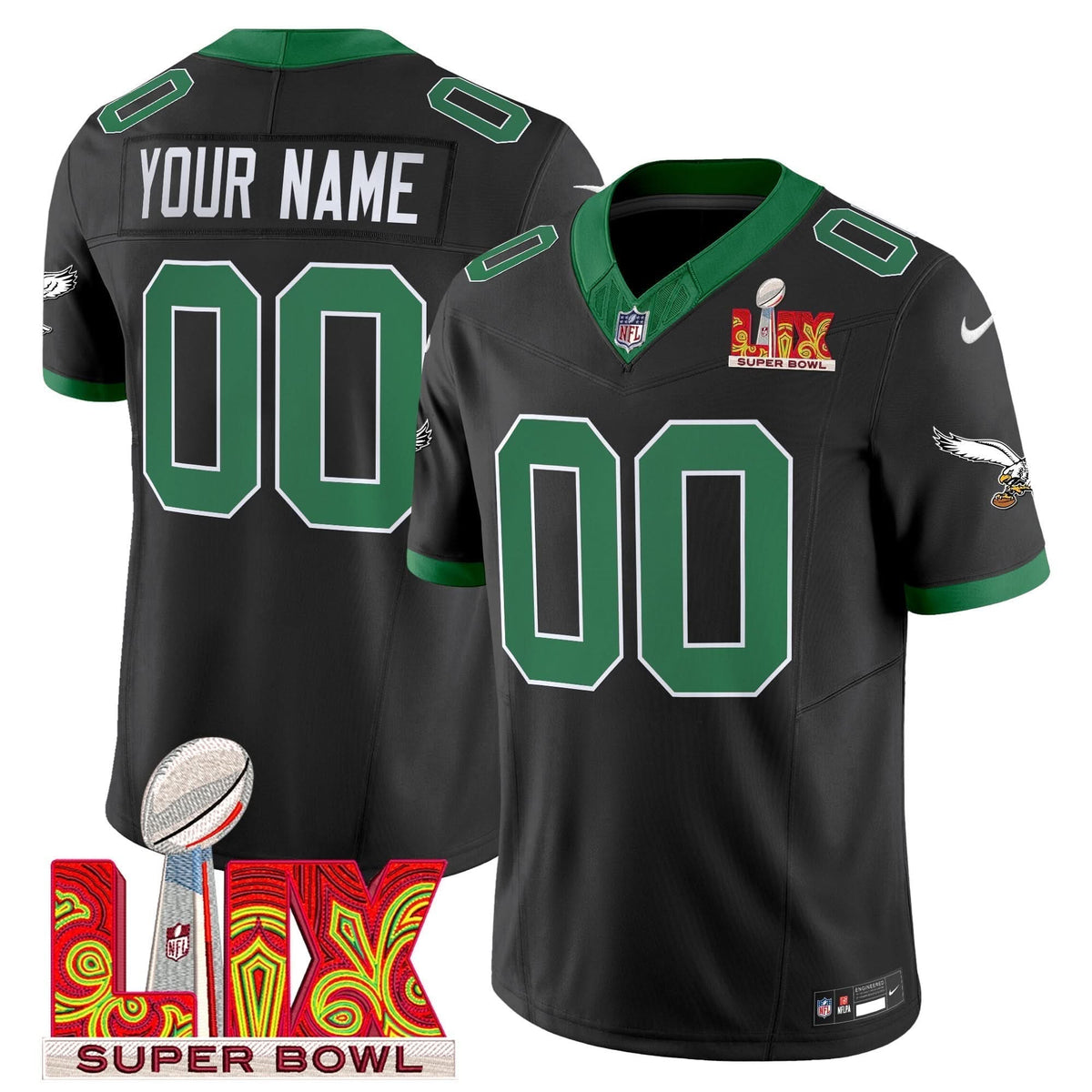 PE Kelly Green Super Bowl LIX Patch Vapor Limited Custom Jersey