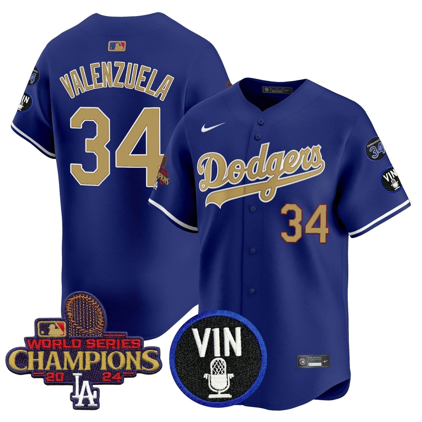 Men's Dodgers 2025 Vin Scully & #34 Fernando Patch Gold Vapor Premier Limited Jersey - All Stitched