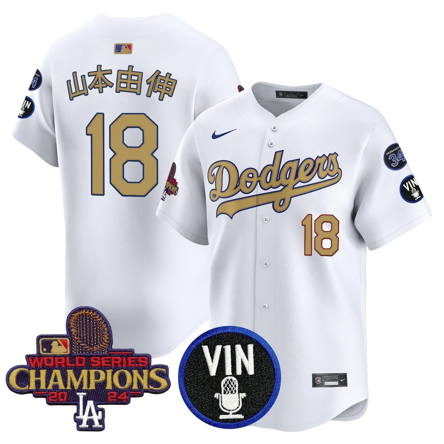 Men's Dodgers 2025 Vin Scully & #34 Fernando Patch Gold Vapor Premier Limited Jersey - All Stitched