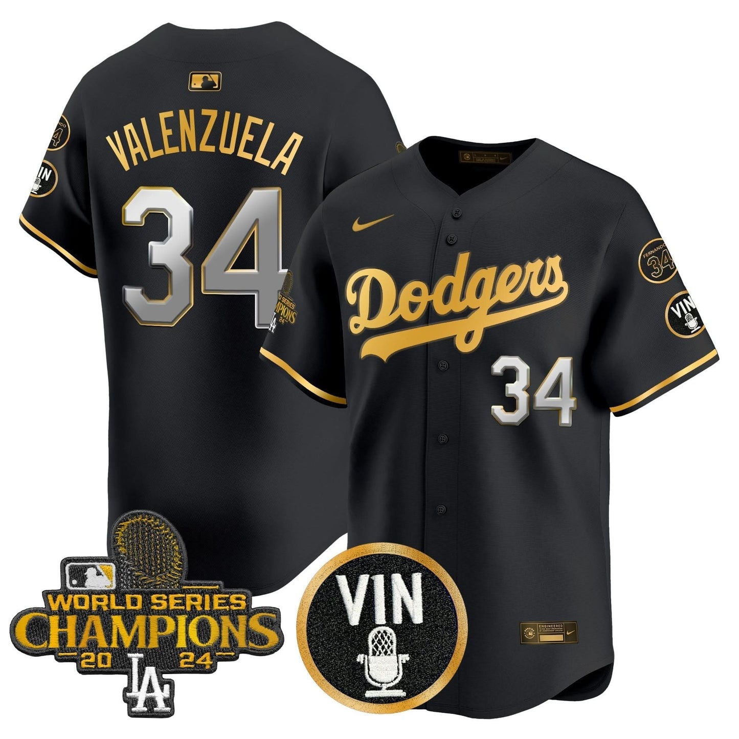 Men's Dodgers 2025 Vin Scully & #34 Fernando Patch Gold Vapor Premier Limited Jersey - All Stitched