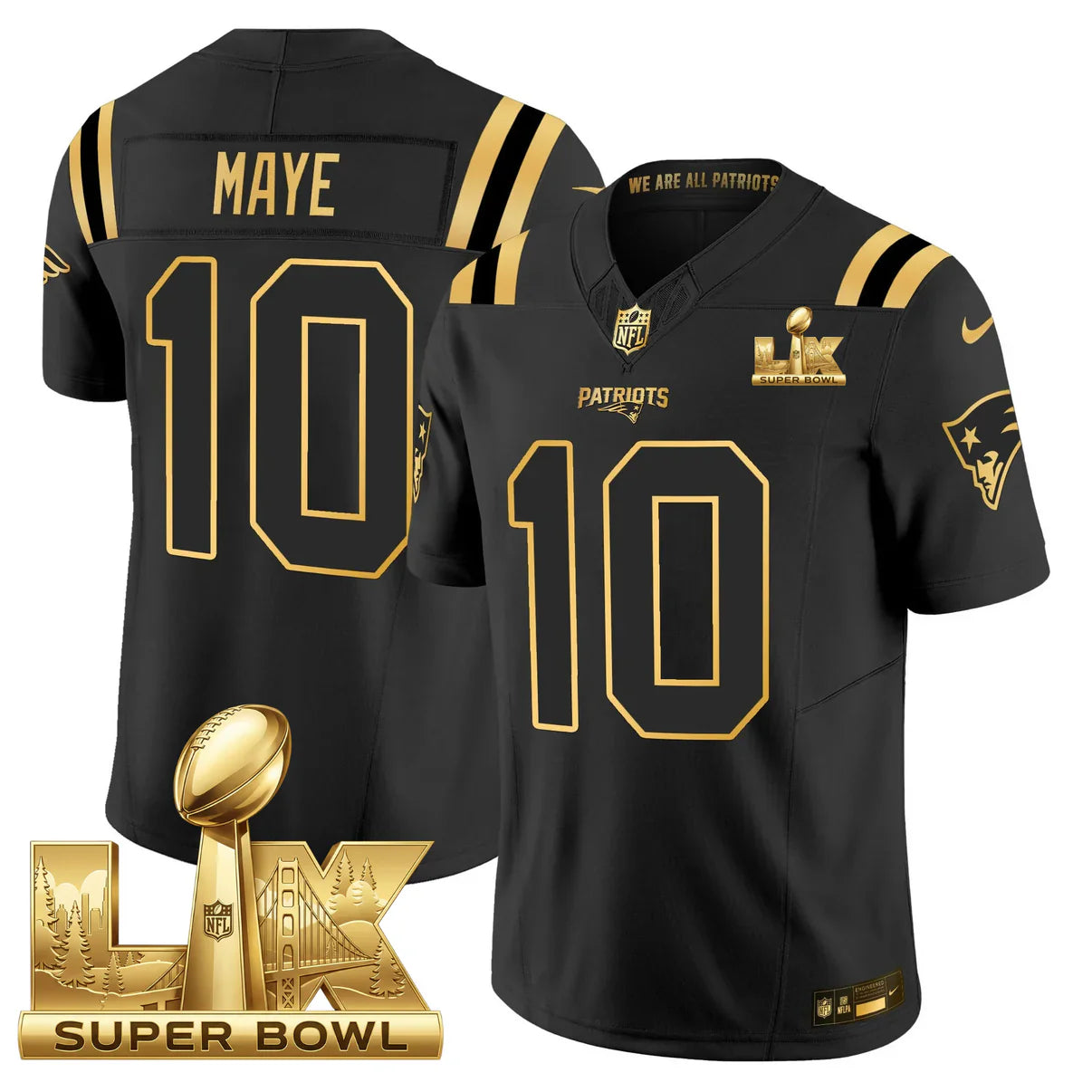 NE AFC Champs & S.B LX Patch Limited Gold Jersey - All Stitched