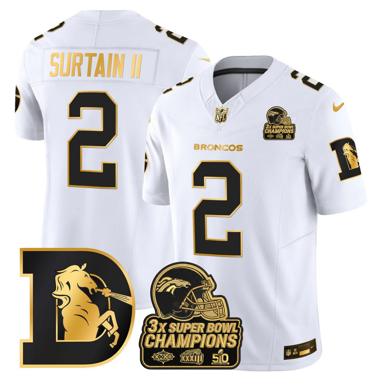 DEN Throwback 3-Times Champions Patch Vapor Limited Jersey V3 - All Stitched