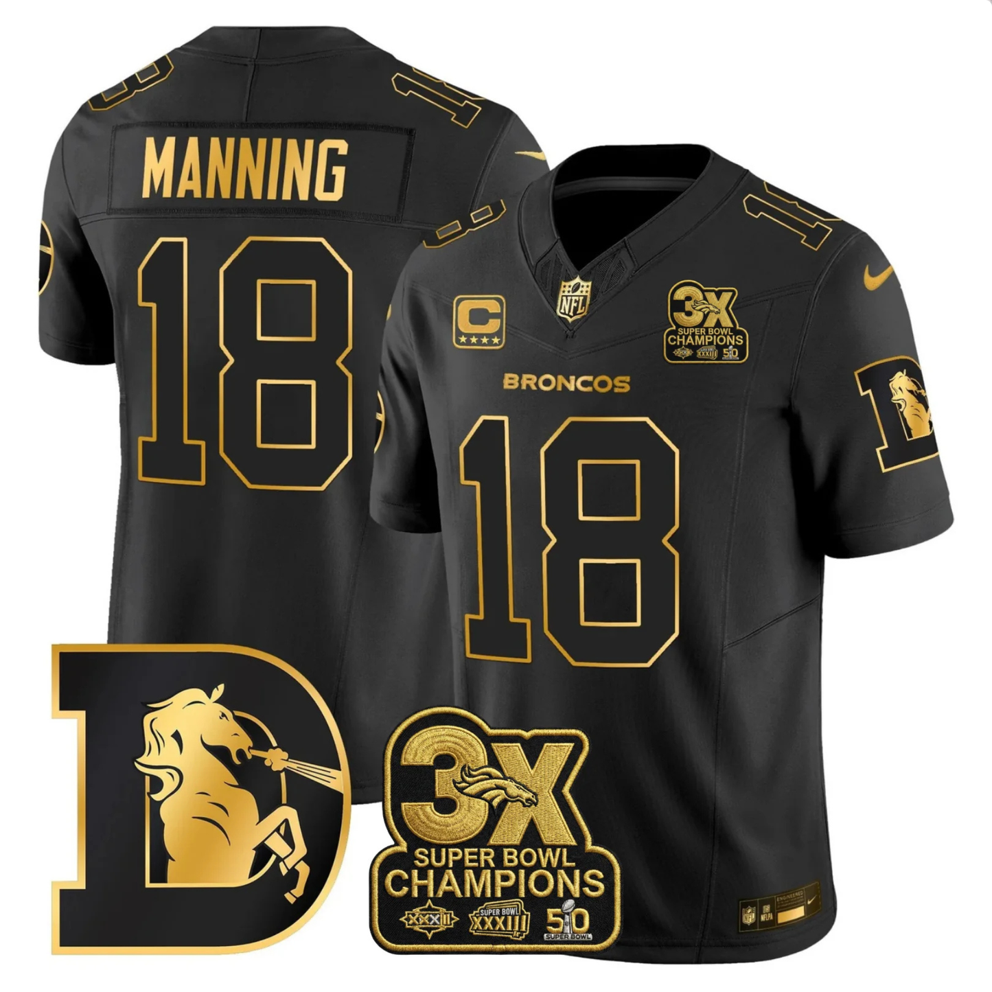 DEN 3x Champions Patch Throwback Gold Vapor Limited Jersey - All Stitched