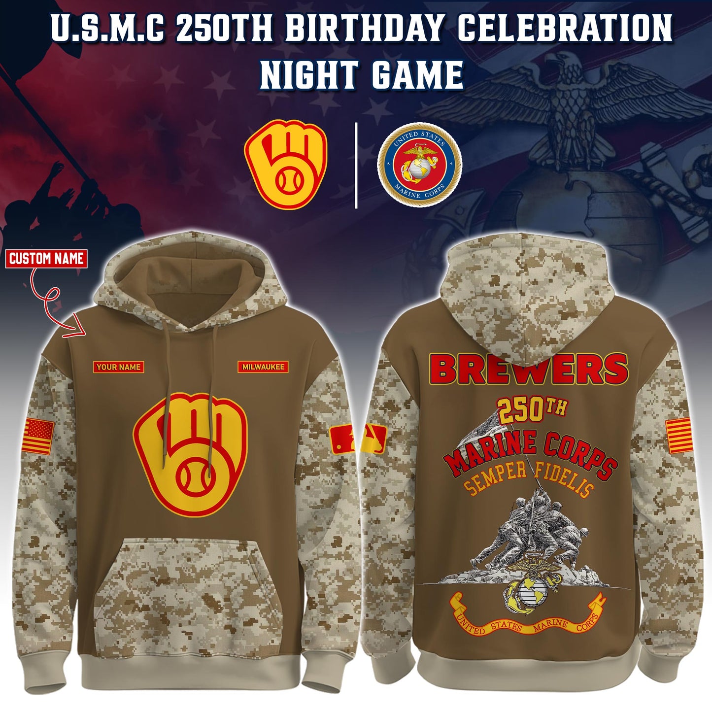 MIL U.S.M.C 250th Birthday Pullover Hoodie - Printed