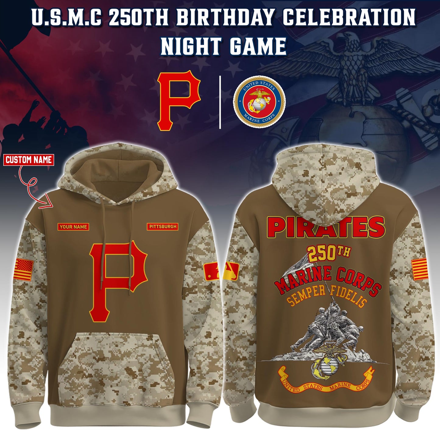 Pirates U.S.M.C 250th Birthday Pullover Hoodie - Printed