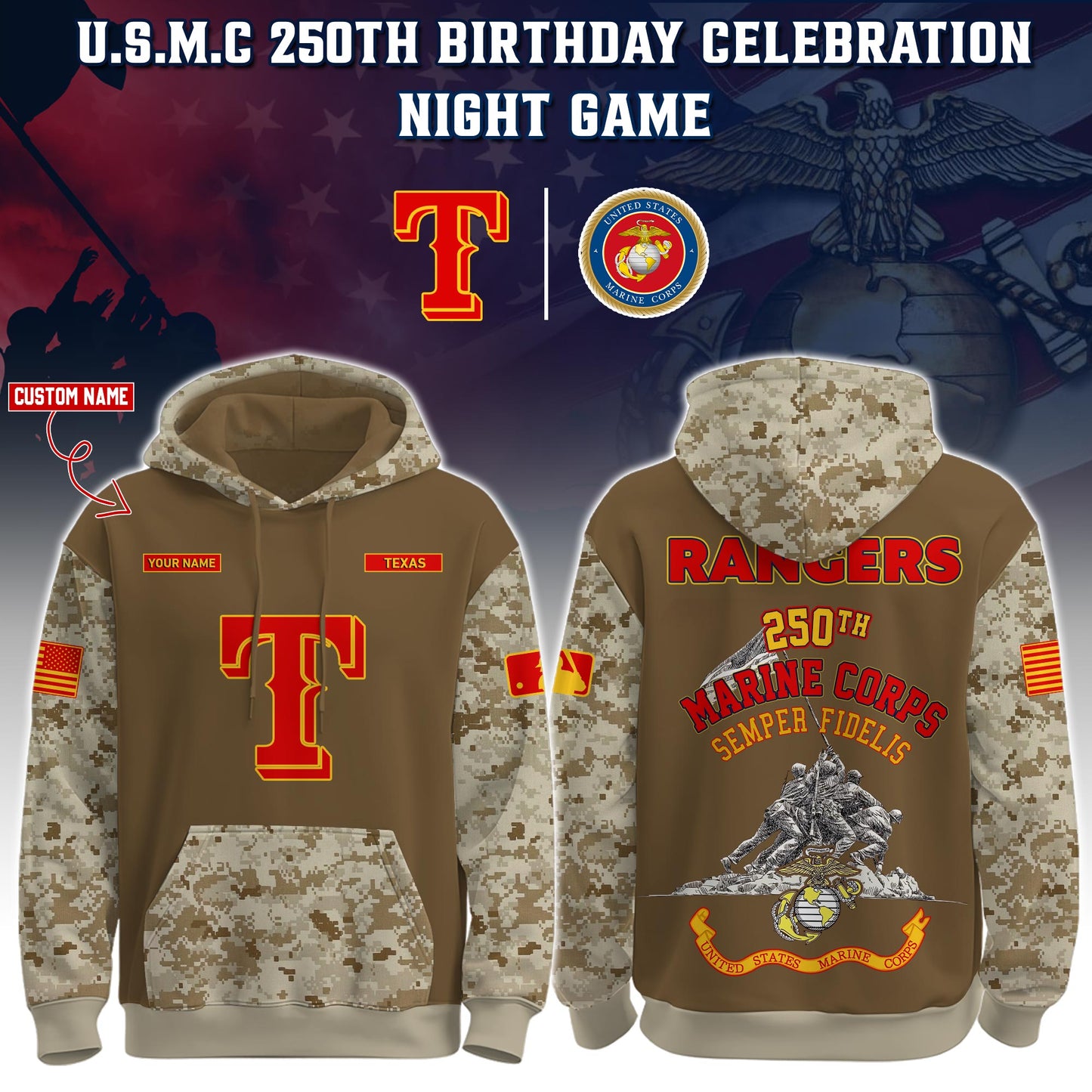 Rangers U.S.M.C 250th Birthday Pullover Hoodie - Printed