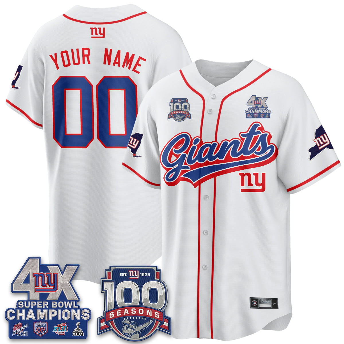 New York Giants 4X Champs & 100 Anniversary Vapor Baseball Custom Jersey V2- Stitched