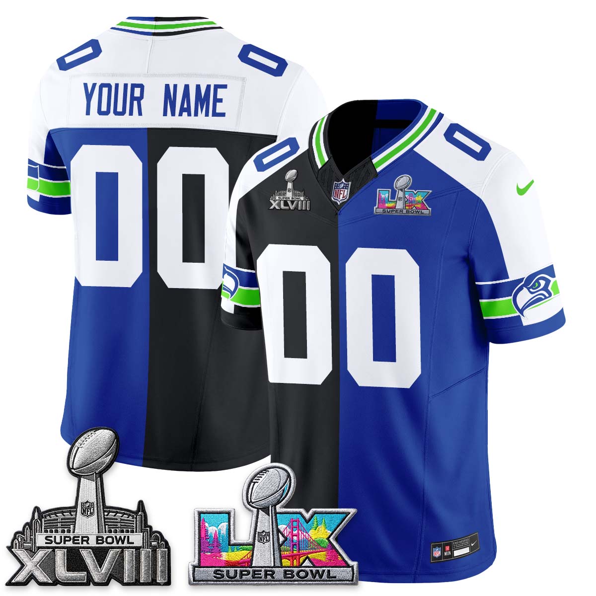 Seattle Seahawks Throwback 2 SB Patches Custom Vapor Jersey - Stitched