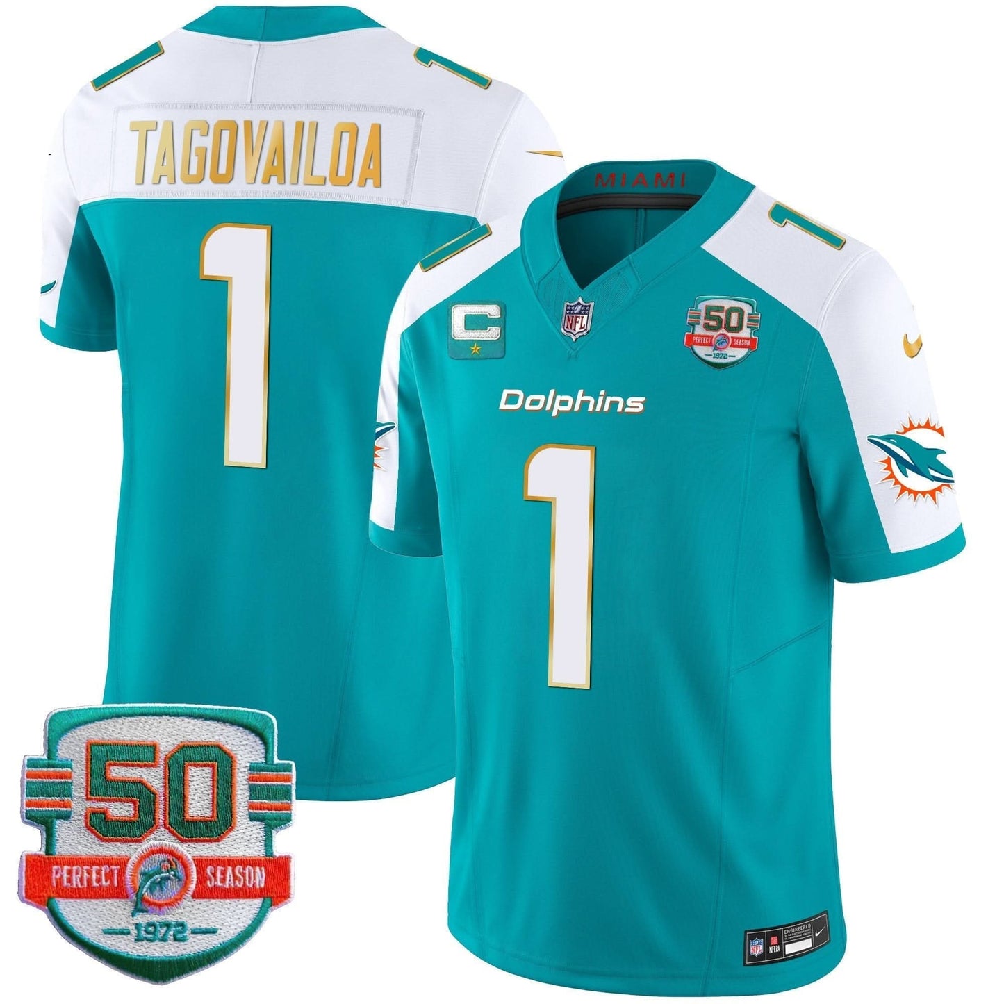 Dolphins Gold Trim Vapor Limited Jersey - All Stitched