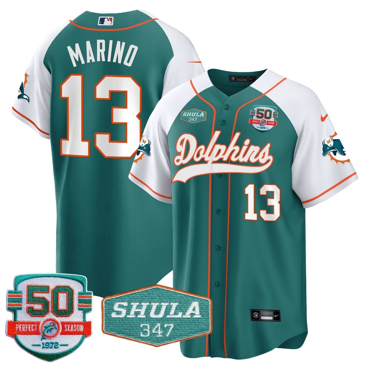 Dolphins 50th & Don Shula 347 Memorial Patch Baseball Jersey - All Stitched