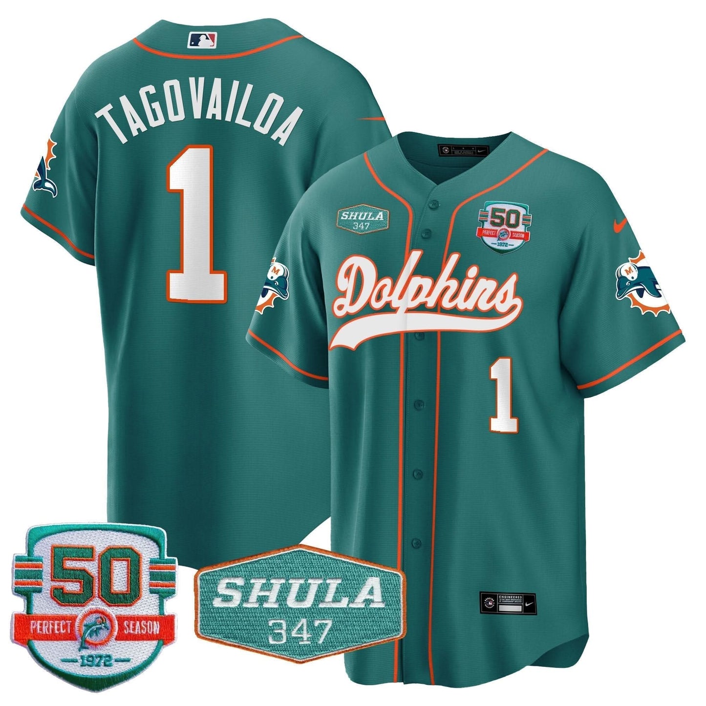 Dolphins 50th & Don Shula 347 Memorial Patch Baseball Jersey - All Stitched