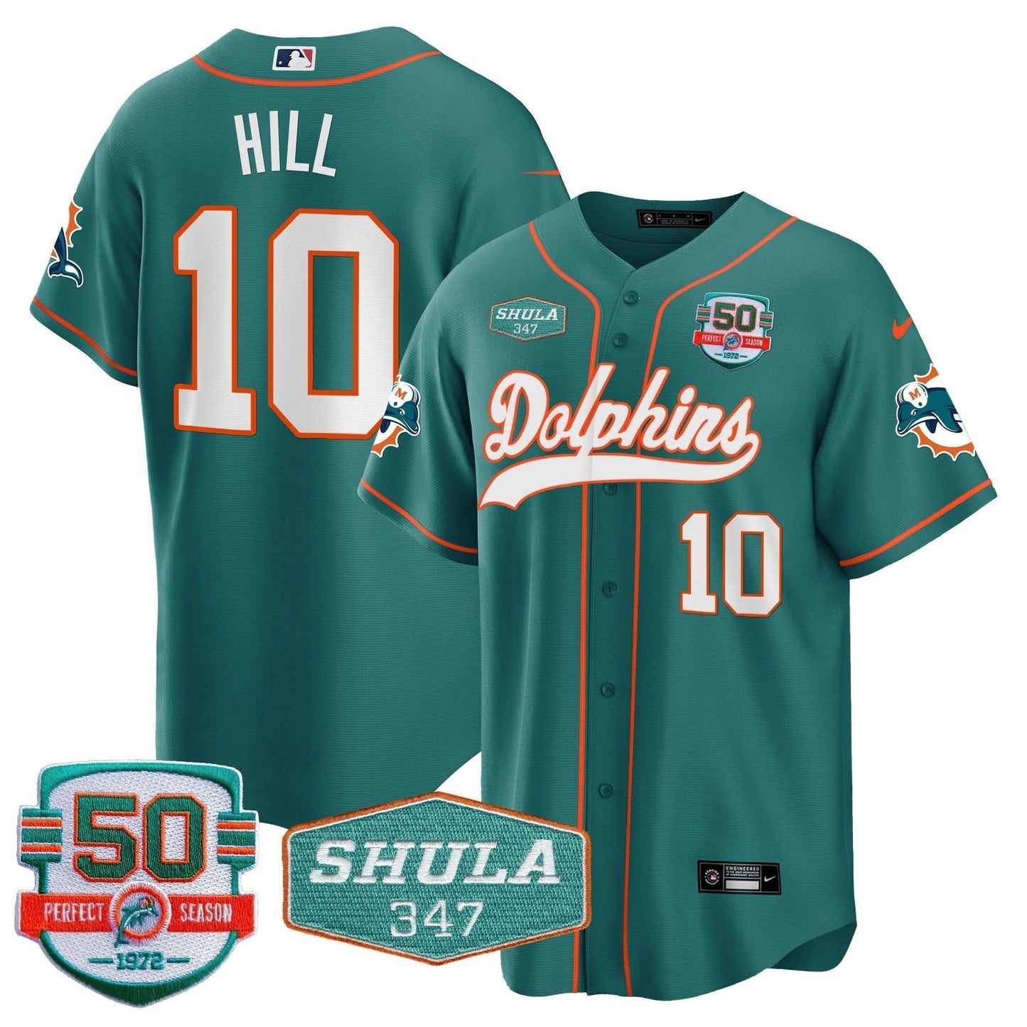 Dolphins 50th & Don Shula 347 Memorial Patch Baseball Jersey - All Stitched