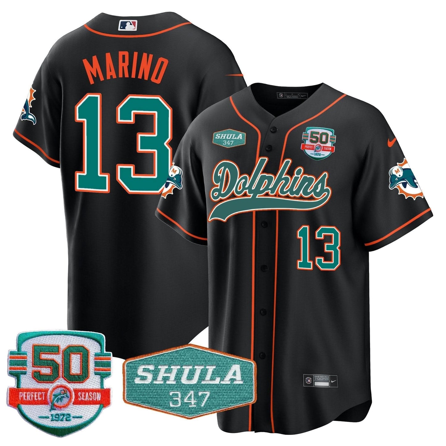 Dolphins 50th & Don Shula 347 Memorial Patch Baseball Jersey - All Stitched
