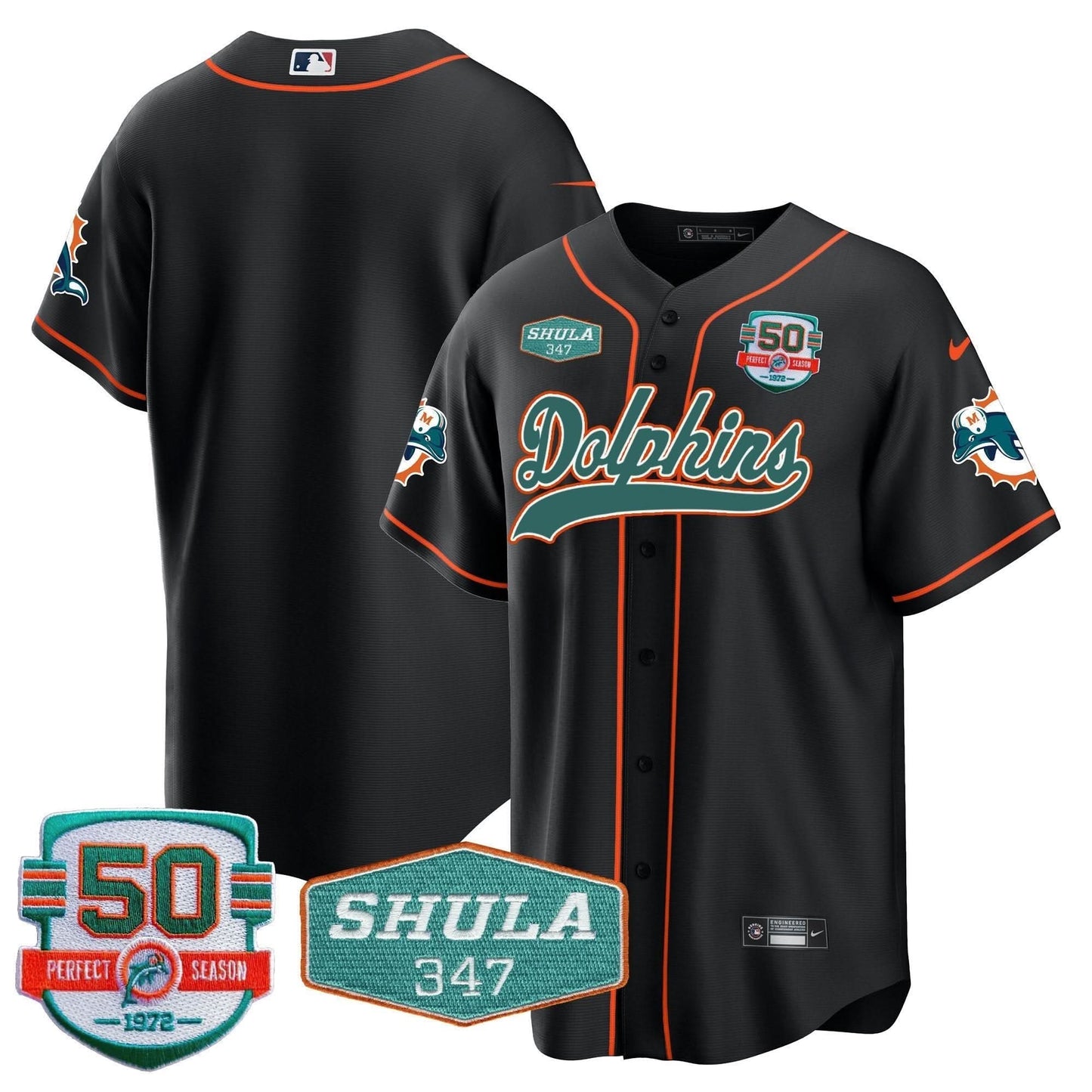 Dolphins 50th & Don Shula 347 Memorial Patch Baseball Jersey - All Stitched