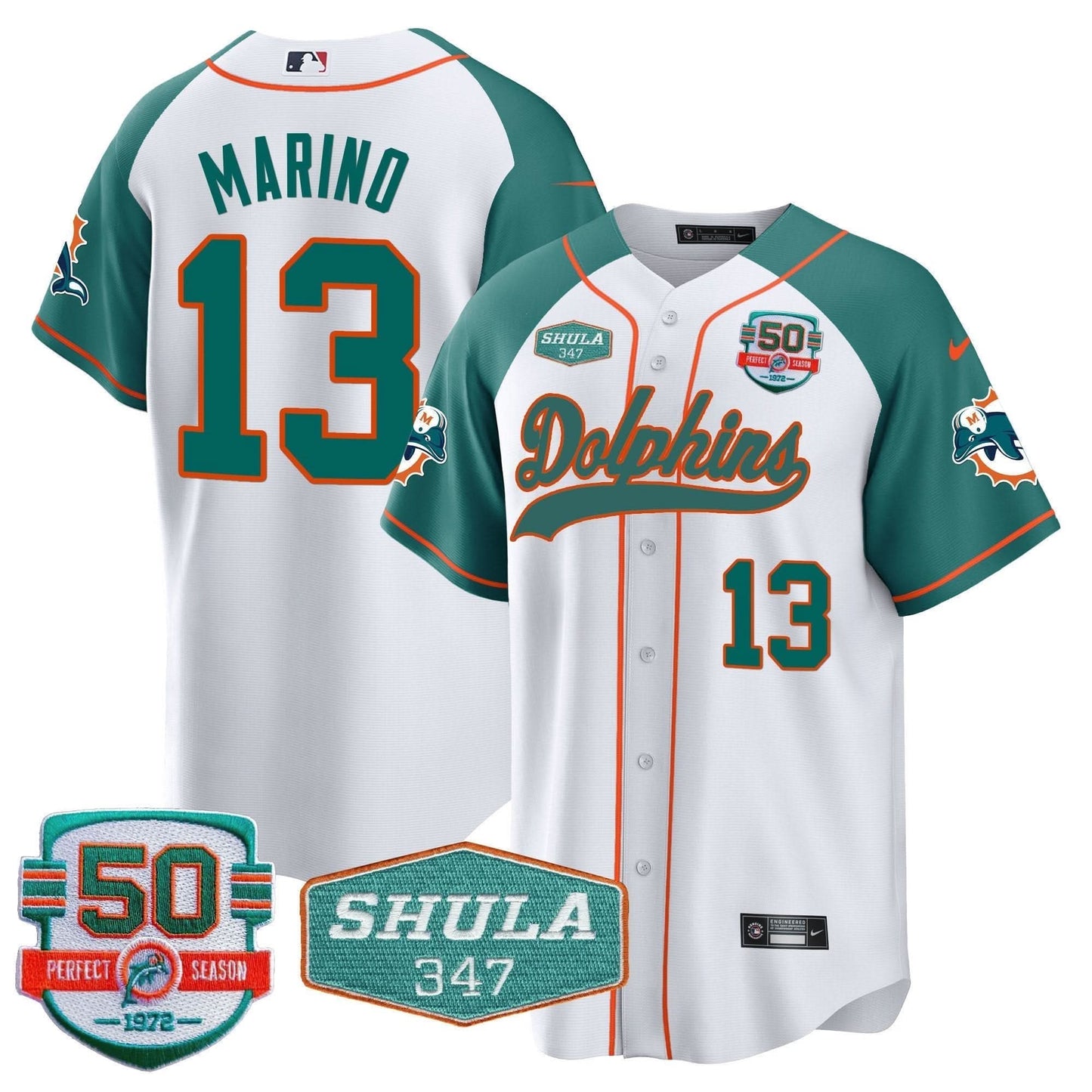 Dolphins 50th & Don Shula 347 Memorial Patch Baseball Jersey - All Stitched