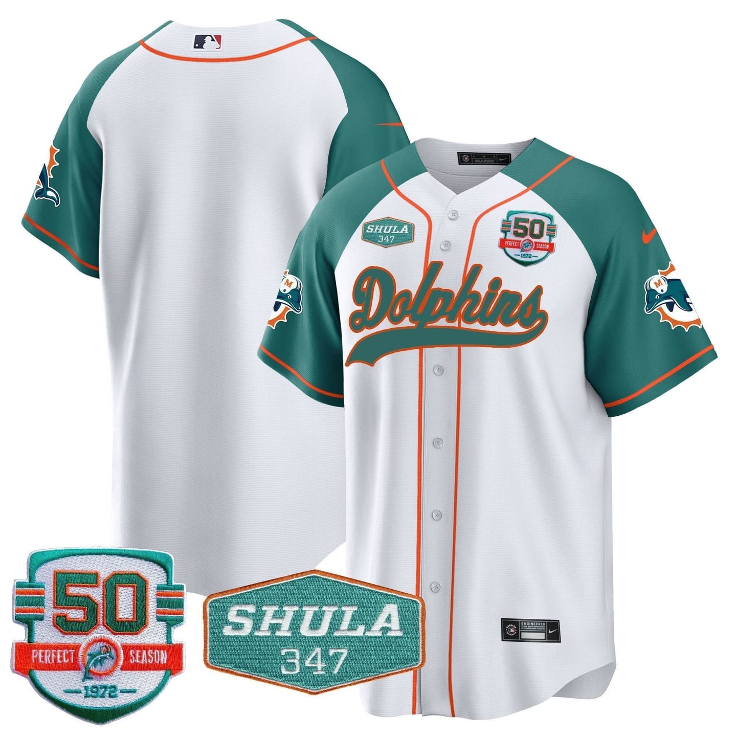 Dolphins 50th & Don Shula 347 Memorial Patch Baseball Jersey - All Stitched