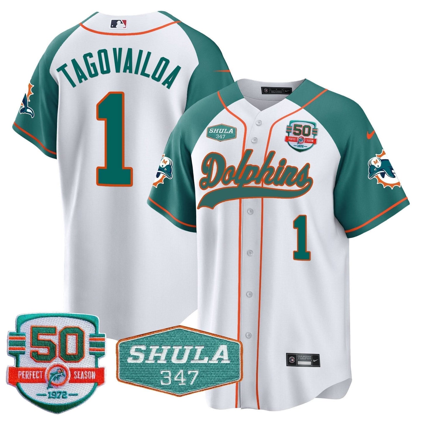 Dolphins 50th & Don Shula 347 Memorial Patch Baseball Jersey - All Stitched