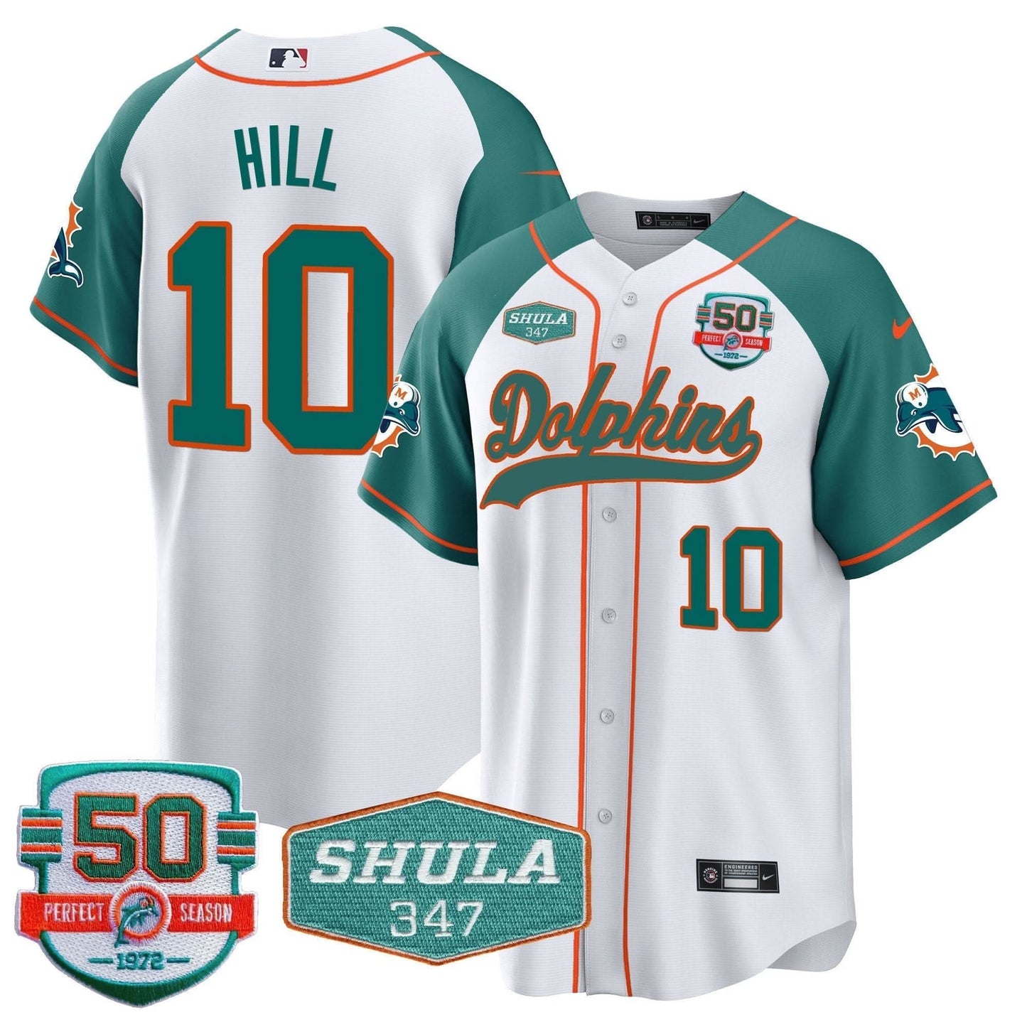 Dolphins 50th & Don Shula 347 Memorial Patch Baseball Jersey - All Stitched