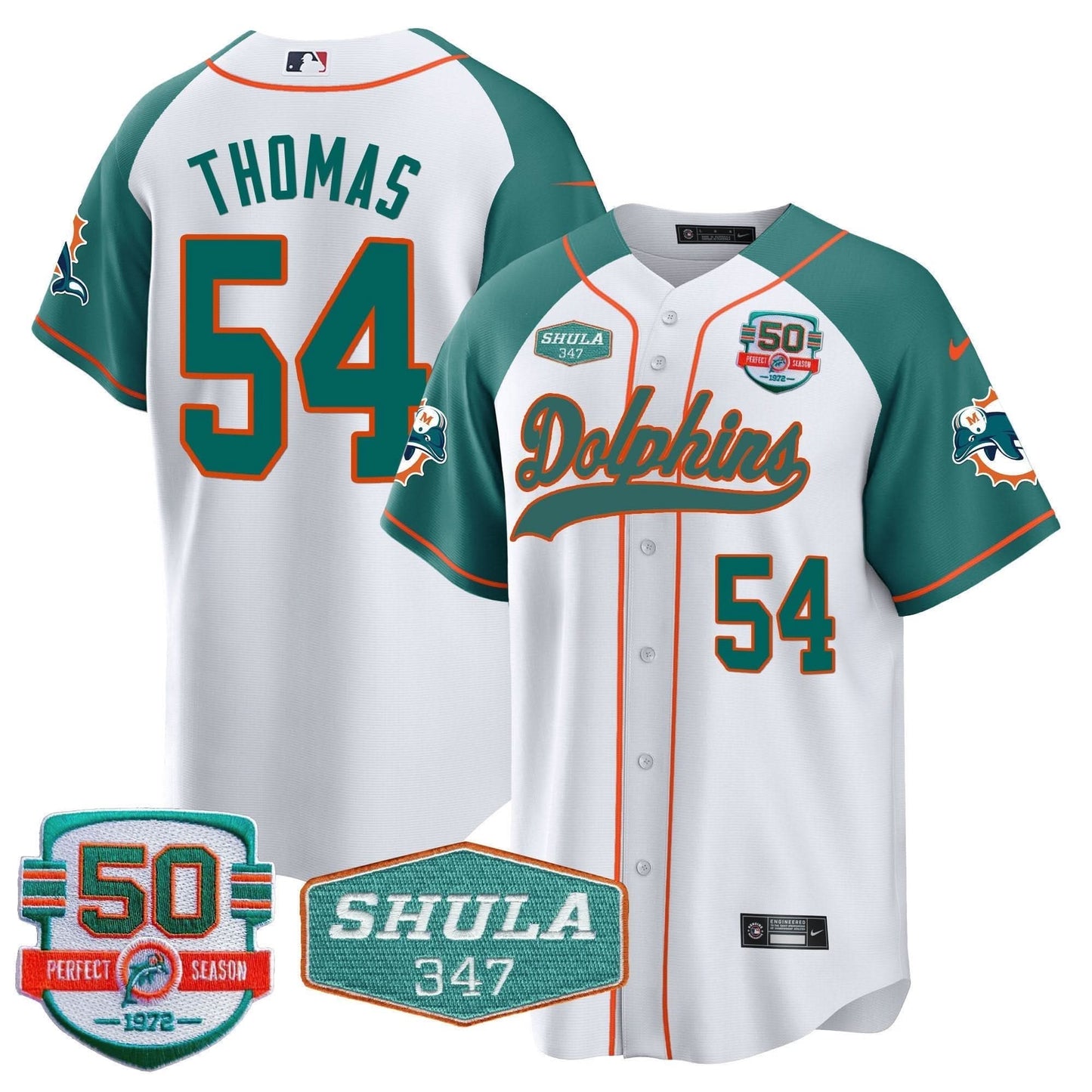 Dolphins 50th & Don Shula 347 Memorial Patch Baseball Jersey - All Stitched