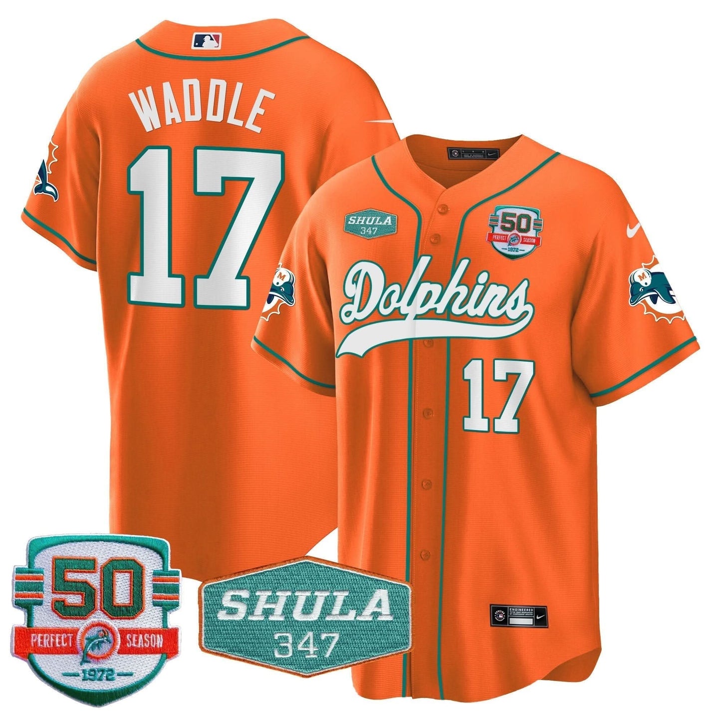 Dolphins 50th & Don Shula 347 Memorial Patch Baseball Jersey - All Stitched