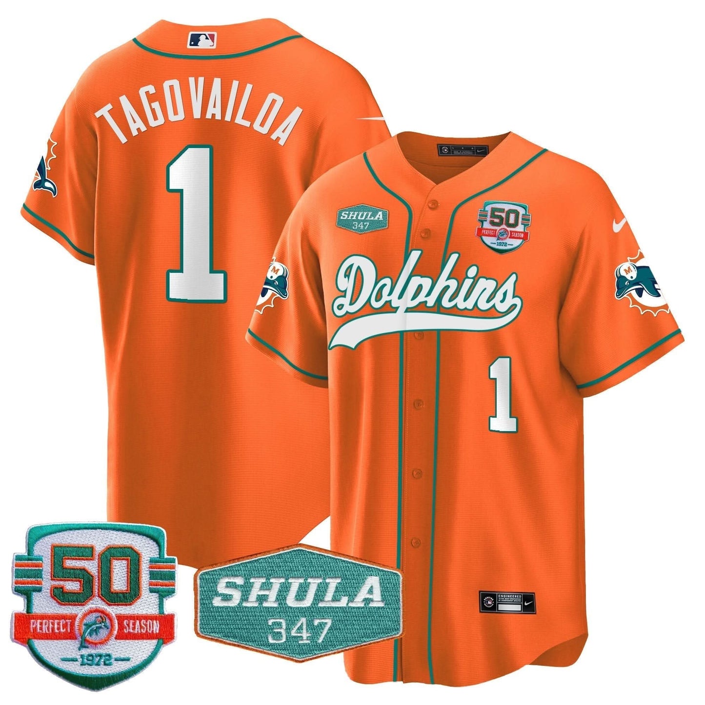 Dolphins 50th & Don Shula 347 Memorial Patch Baseball Jersey - All Stitched