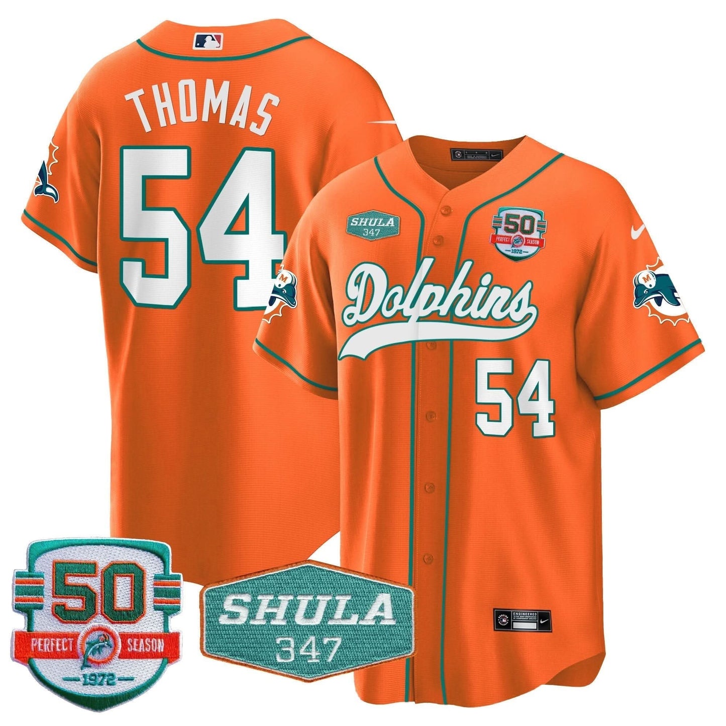 Dolphins 50th & Don Shula 347 Memorial Patch Baseball Jersey - All Stitched