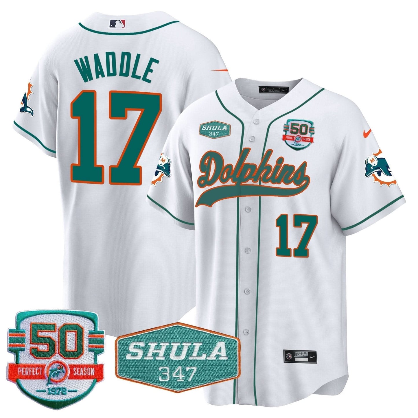 Dolphins 50th & Don Shula 347 Memorial Patch Baseball Jersey - All Stitched