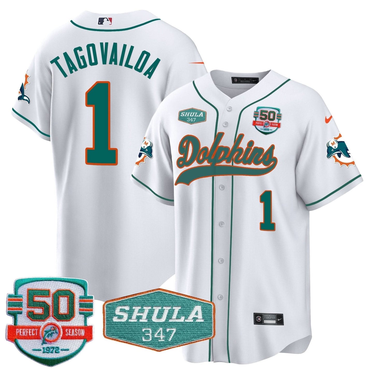 Dolphins 50th & Don Shula 347 Memorial Patch Baseball Jersey - All Stitched