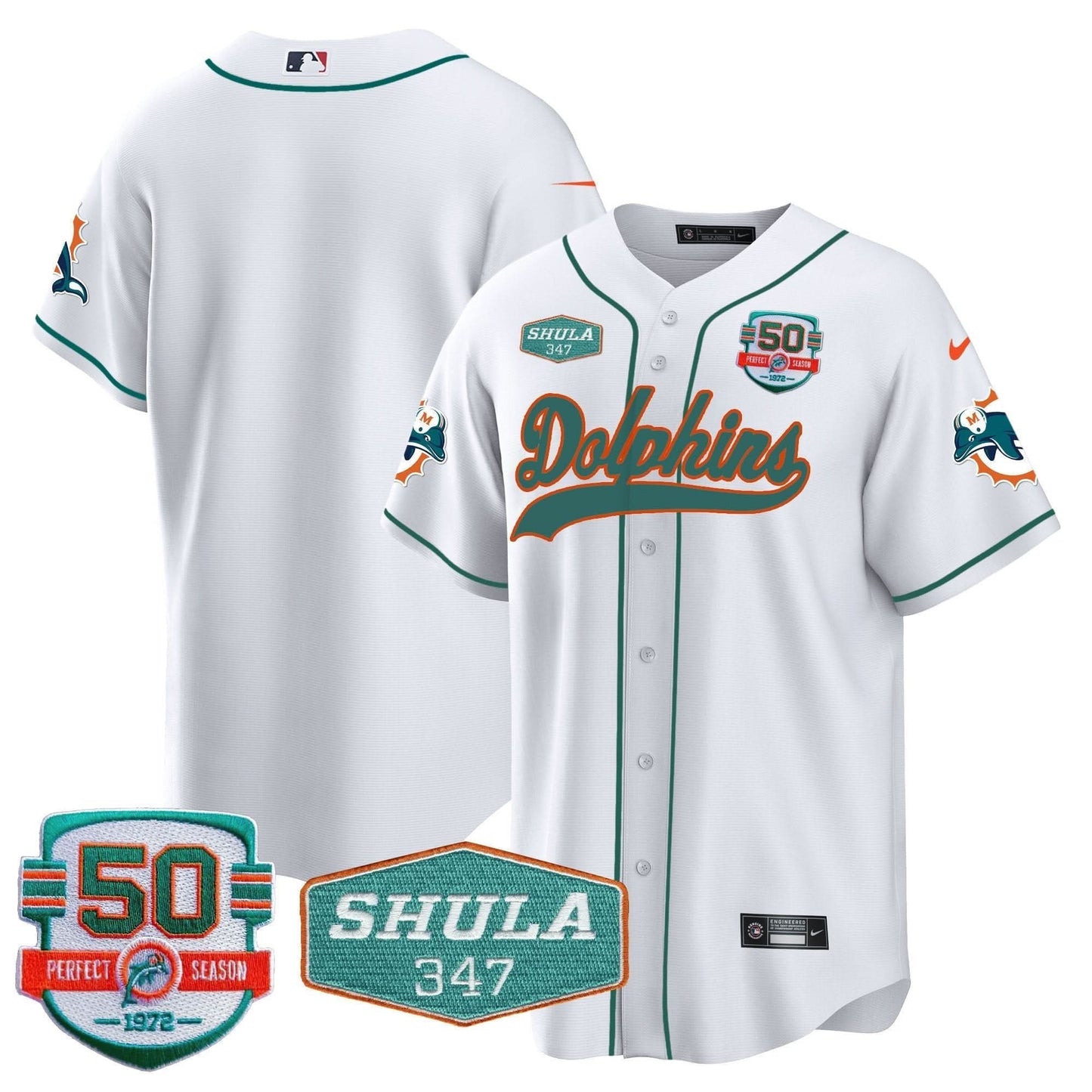 Dolphins 50th & Don Shula 347 Memorial Patch Baseball Jersey - All Stitched