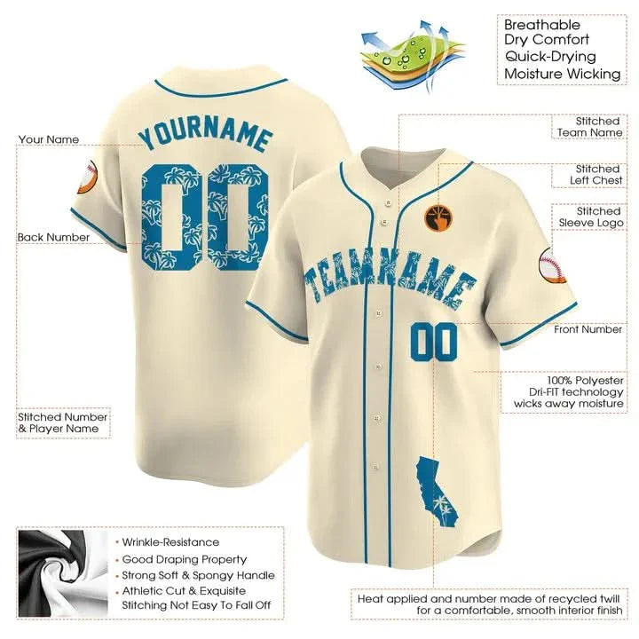 CUSTOM CREAM BLUE PALM TREES CALIFORNIA MAP BASEBALL JERSEY - EMBROIDERED