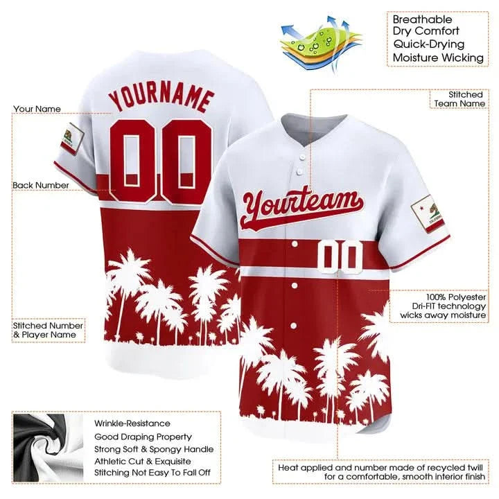 CUSTOM WHITE 3D PALM TREES CALIFORNIA FLAG BASEBALL JERSEY - PRINTED