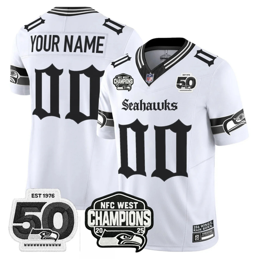 Seattle Seahawks 50th & NFC West Champions Patch Gothic Edition Custom Jersey - All Stitched