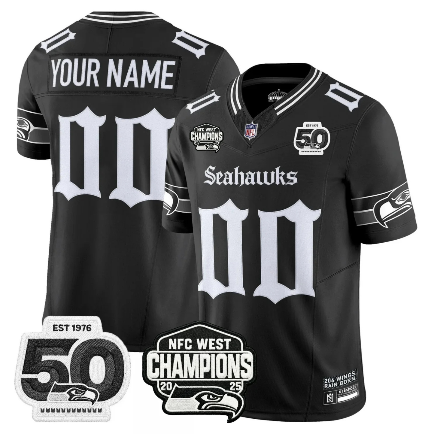 Seattle Seahawks 50th & NFC West Champions Patch Gothic Edition Jersey - Stitched