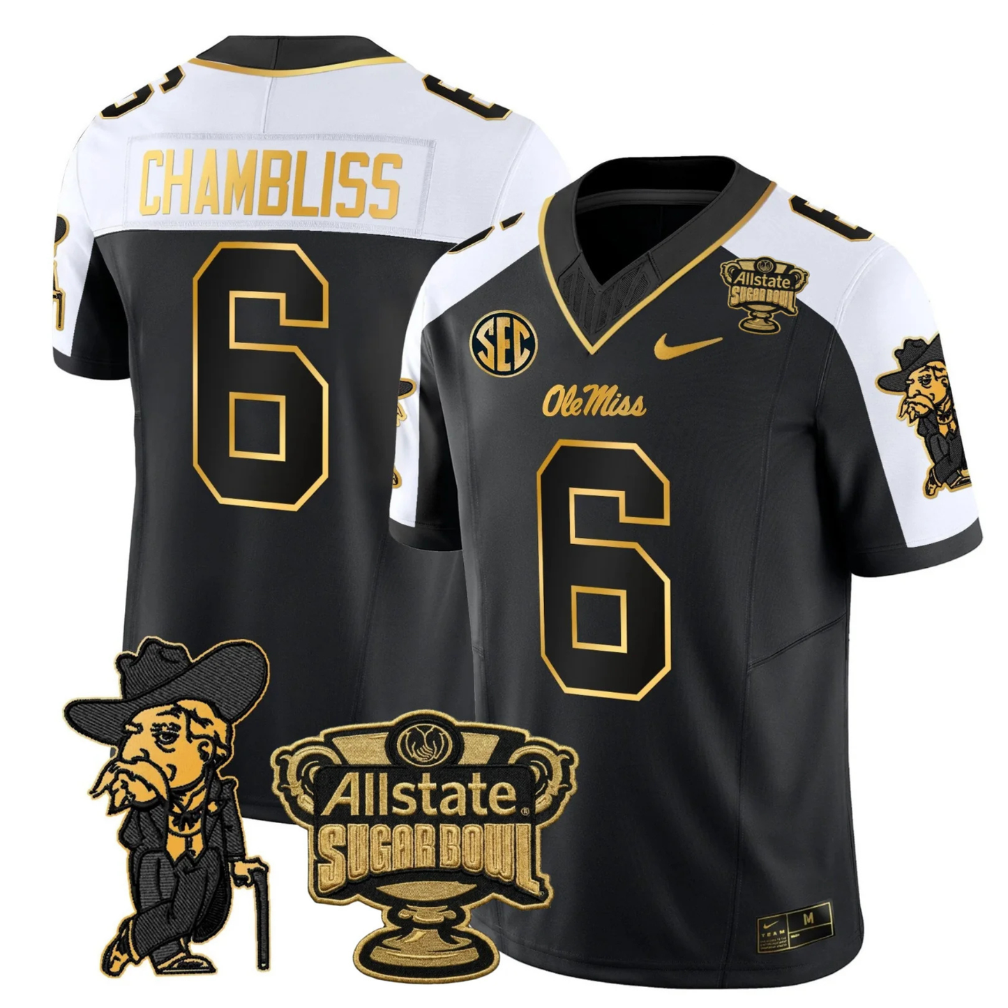 Ole Miss Rebels 2025 Gold Vapor Limited Jersey - Sugar Bowl Patch - All Stitched