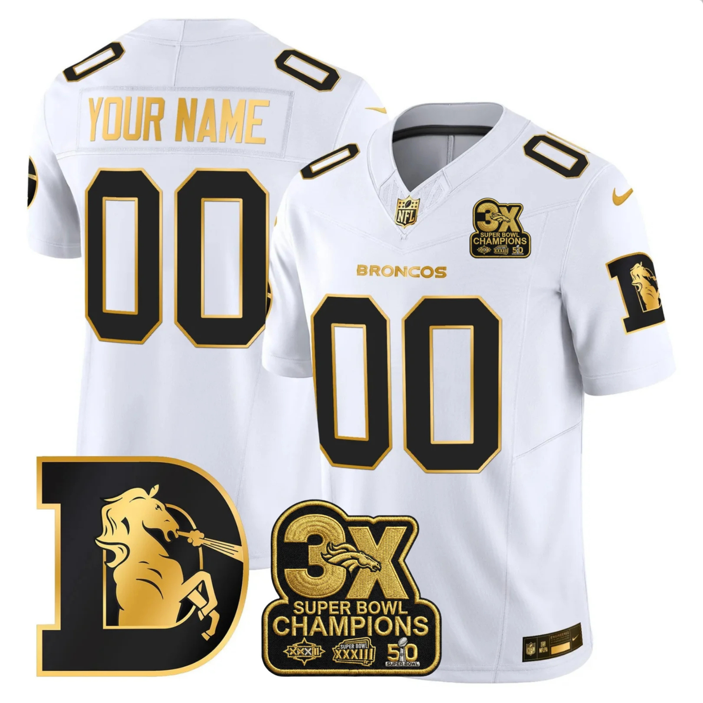 DEN 3x Champions Patch Throwback Gold Vapor Limited Custom Jersey - All Stitched