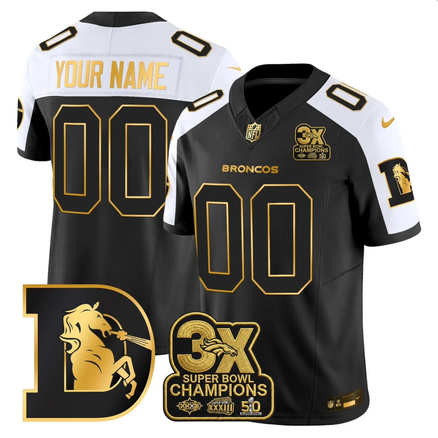 DEN 3x Champions Patch Throwback Gold Vapor Limited Custom Jersey - All Stitched