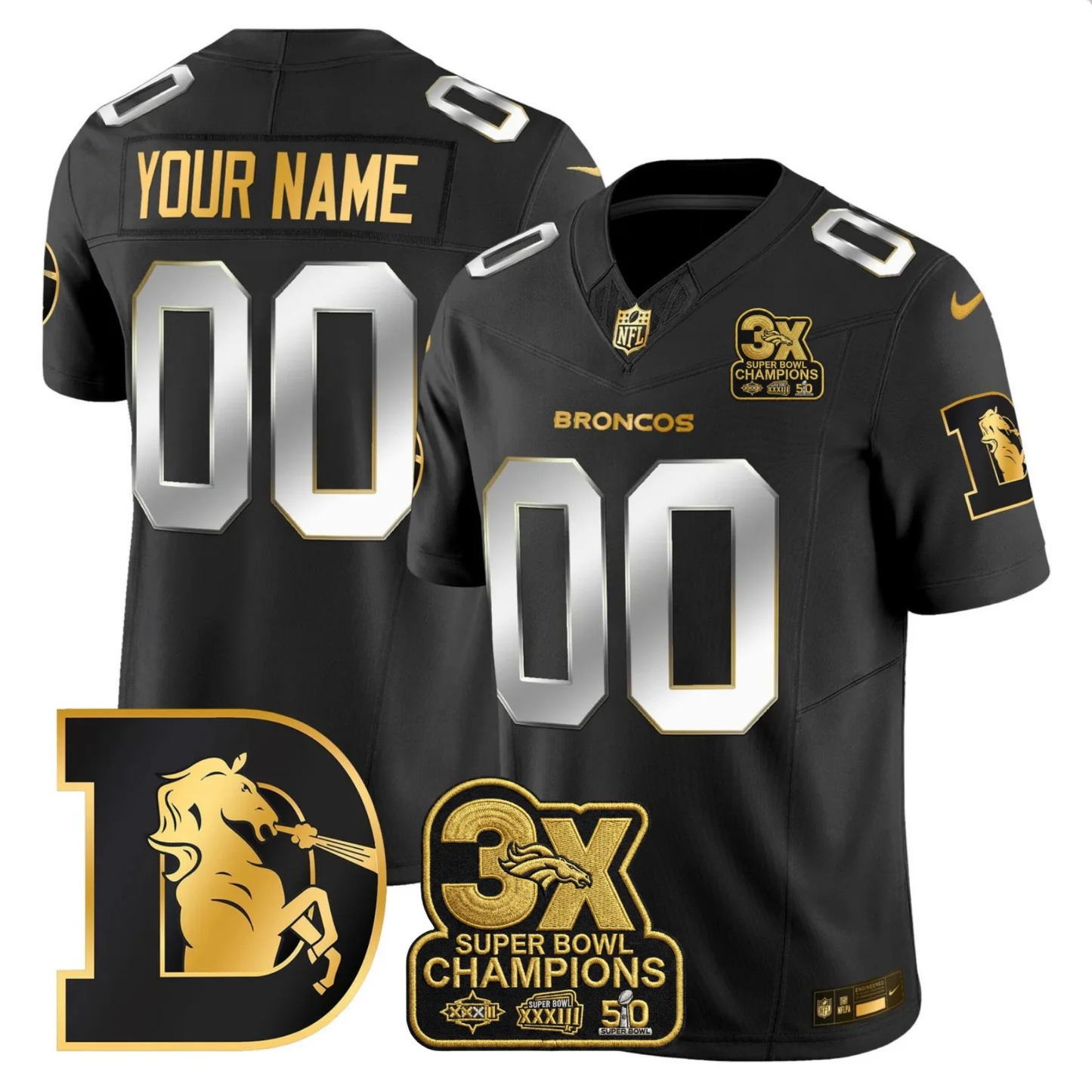 DEN 3x Champions Patch Throwback Gold Vapor Limited Custom Jersey - All Stitched