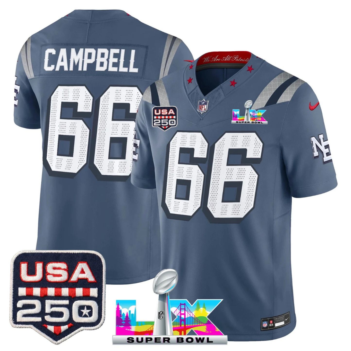 NE S.Bowl LX & US 250th Anniversary Patch Vapor Limited Jersey - All Stitched