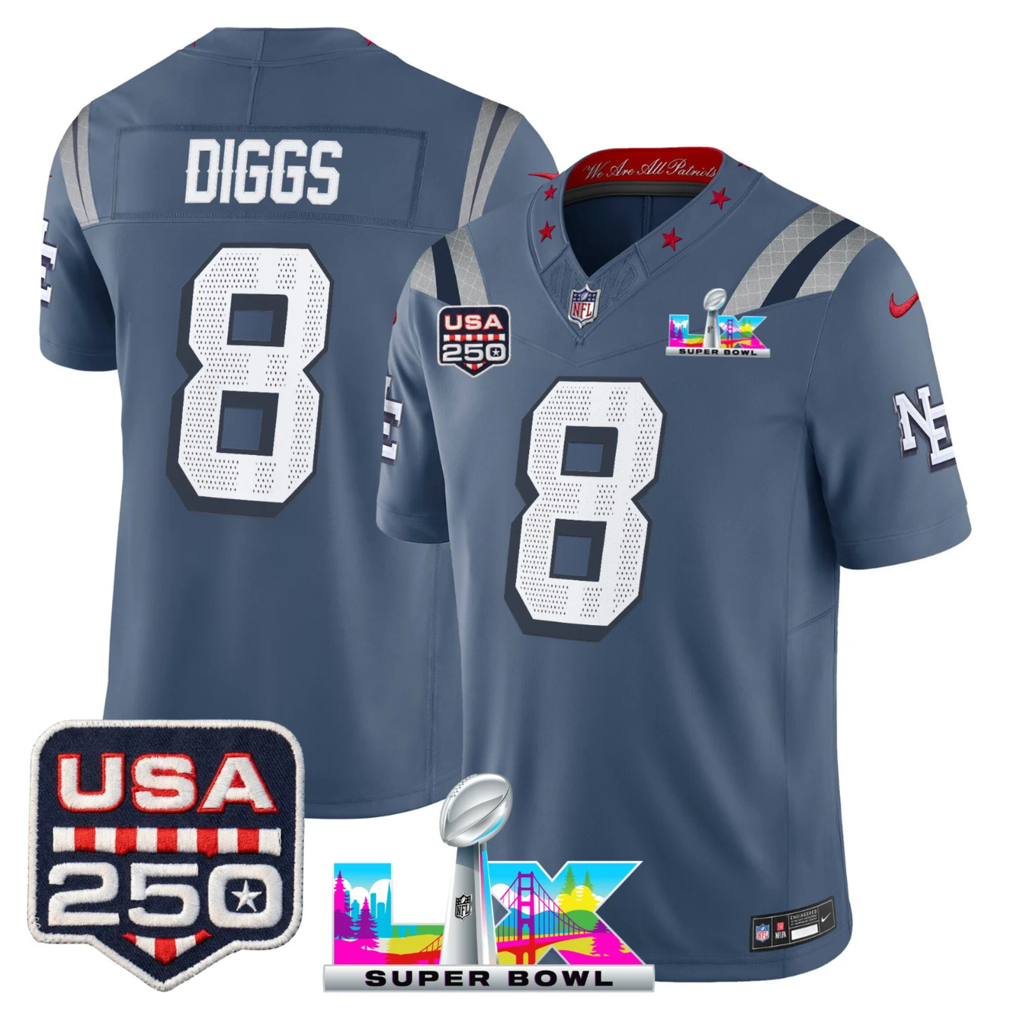 NE S.Bowl LX & US 250th Anniversary Patch Vapor Limited Jersey - All Stitched